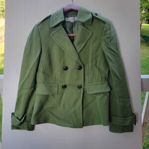 Tahari Arthur S. Levine Green Chevron Double Breasted Pea Coat Wool Blend Sz 4P